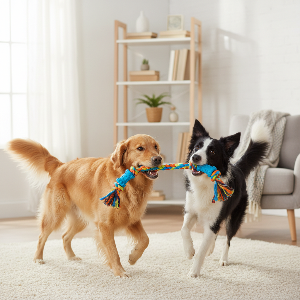 Two dogs playing with a toy